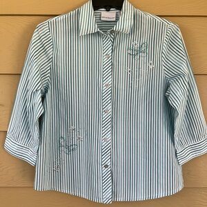 Alfred Dunner Teal & White Striped Button-Down Shirt